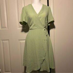Monteau Green Wrap Midi Dress with Ruffled Flutter Sleeves